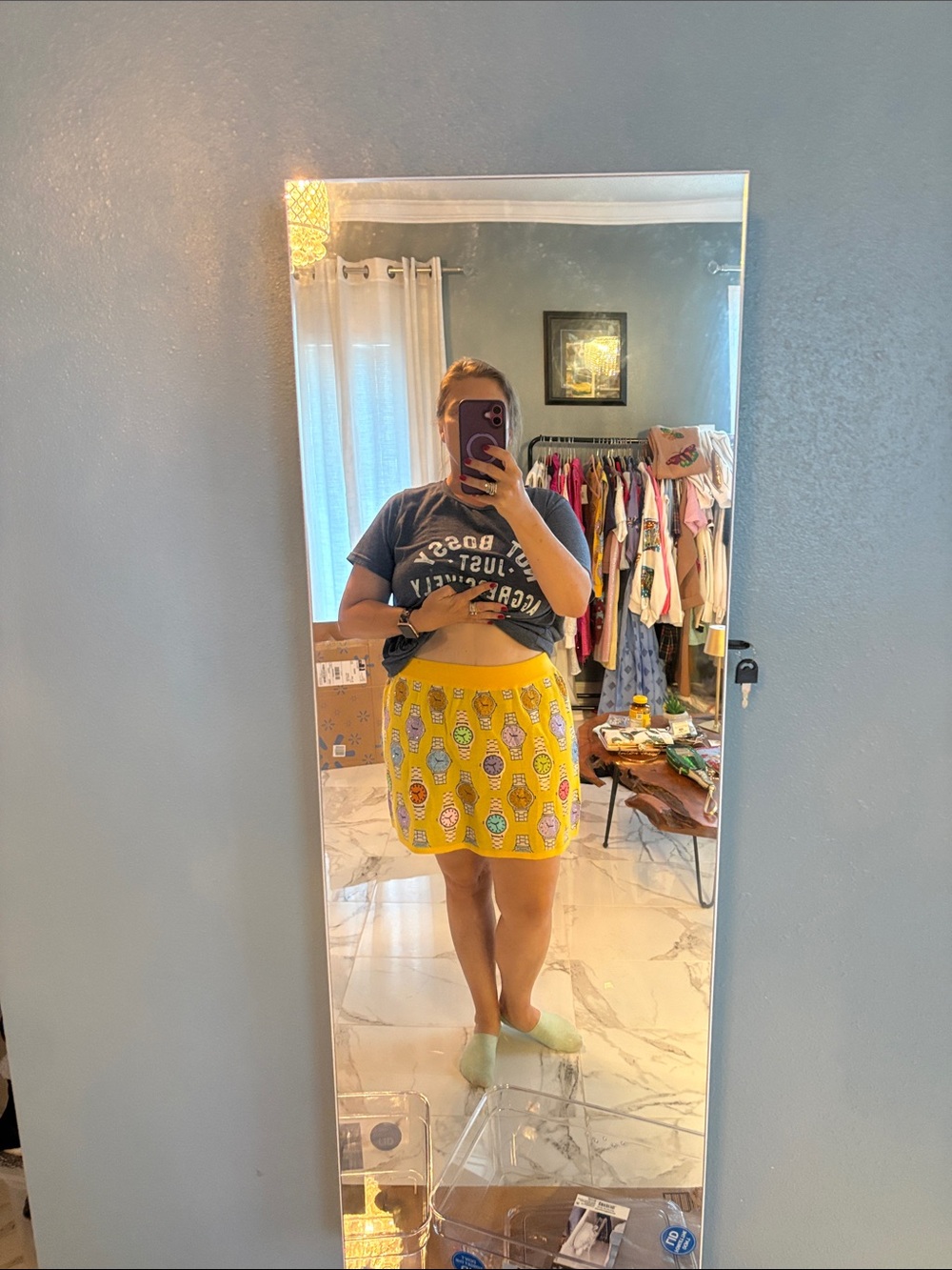 Yellow Knit Top & Skirt Set with Multicolor Watch Motif - Picture 5 of 5